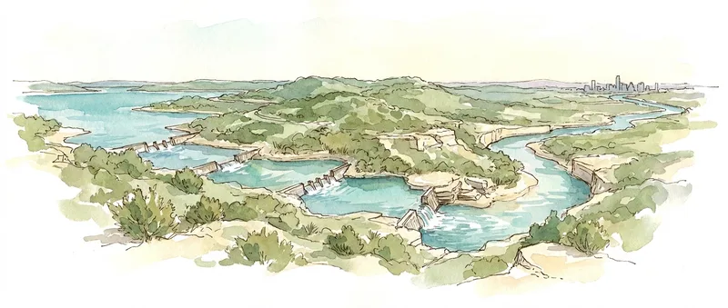 Watercolor illustration of the seven Highland Lakes stepping down from Buchanan to Lady Bird Lake