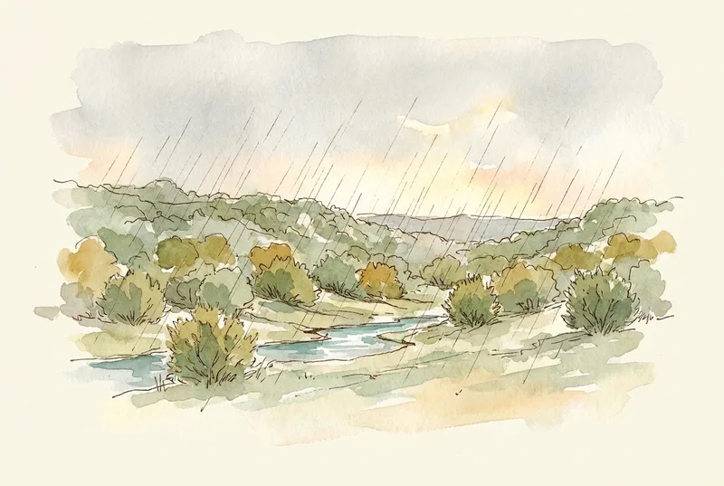 Watercolor illustration of a gentle rain shower over the Hill Country